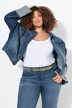 Veste en jean, franges et col chemise, large revers aux extrémités des manches