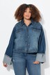 Veste en jean, franges et col chemise, large revers aux extrémités des manches