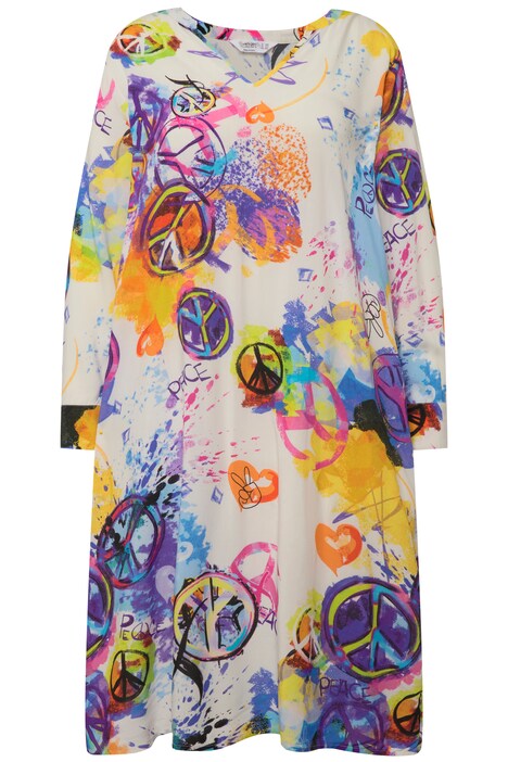 Long-Sleeve Straight Cut Tunic Neckline Peace Pattern Dress