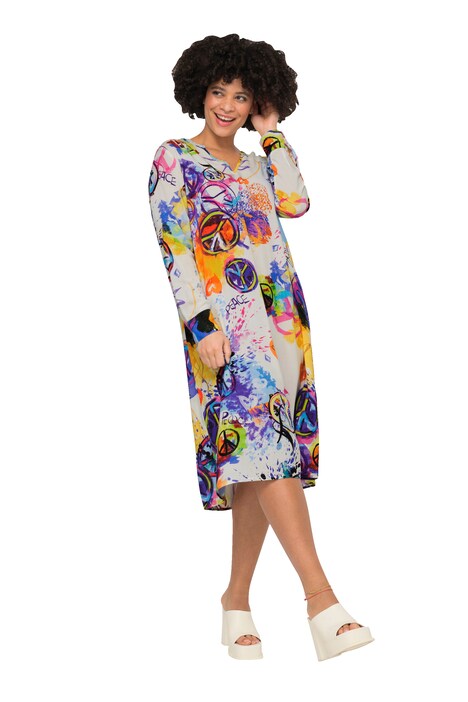 Long-Sleeve Straight Cut Tunic Neckline Peace Pattern Dress