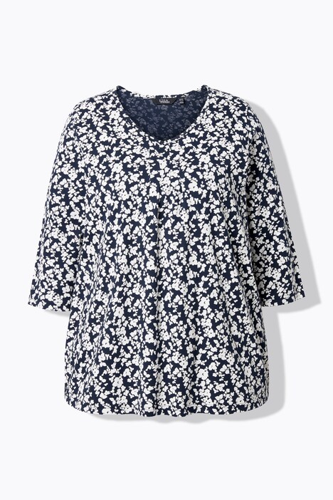 T-shirt avec plis fantaisie, décolleté en V et manches 3/4, coupe évasée