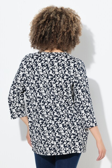 T-shirt avec plis fantaisie, décolleté en V et manches 3/4, coupe évasée