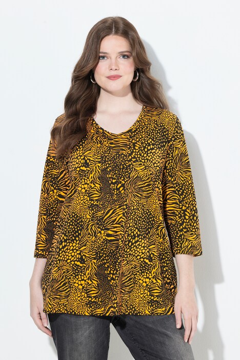 T-shirt, dierenprint, A-lijn, V-hals, 3/4-mouwen