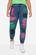 Jeans con stampa colorata, cinque tasche e orli elastici