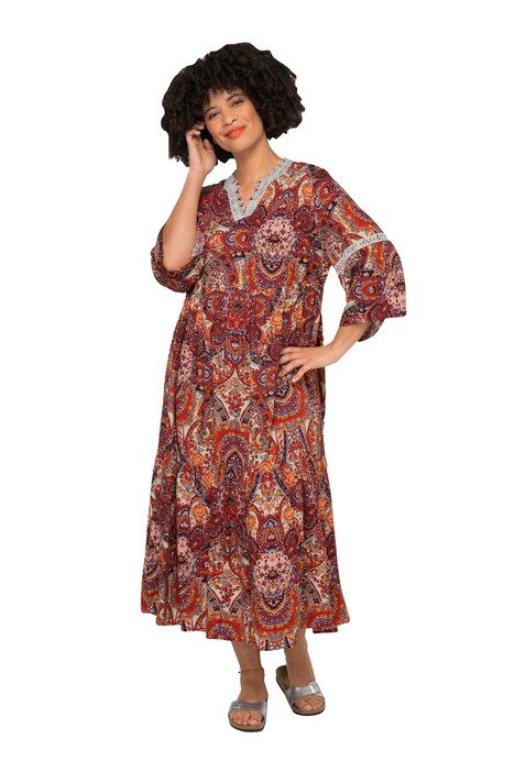A-Line 3/4-Sleeve All-Over Print Tunic Neckline Maxi Dress