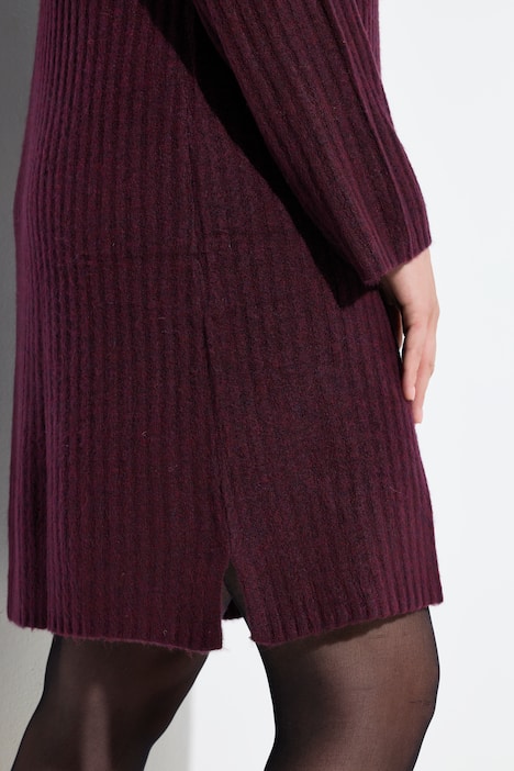 Gebreide jurk, A-lijn, geribbeld breiwerk, troyerkraag, lange mouwen