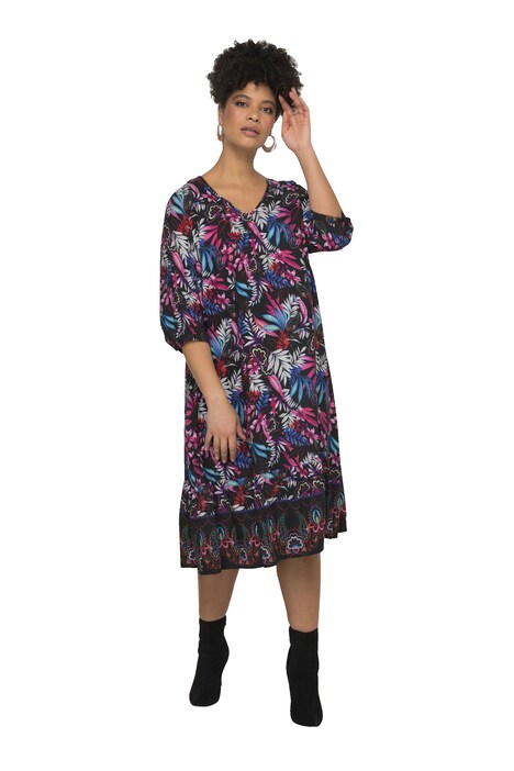 A-Line 3/4-Sleeve V-Neck All-Over Print Dress