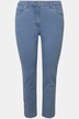 Jeans, tilspidset pasform, 5 lommer, kant med dekorative øskener, delelastisk linning
