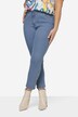 Jeans, tilspidset pasform, 5 lommer, kant med dekorative øskener, delelastisk linning