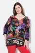 T-shirt col tunisien et manches 3/4, motif champêtre et coupe évasée