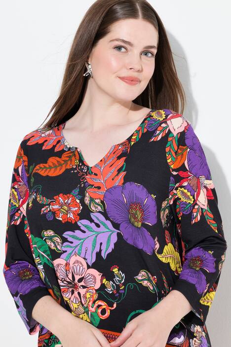 T-shirt col tunisien et manches 3/4, motif champêtre et coupe évasée