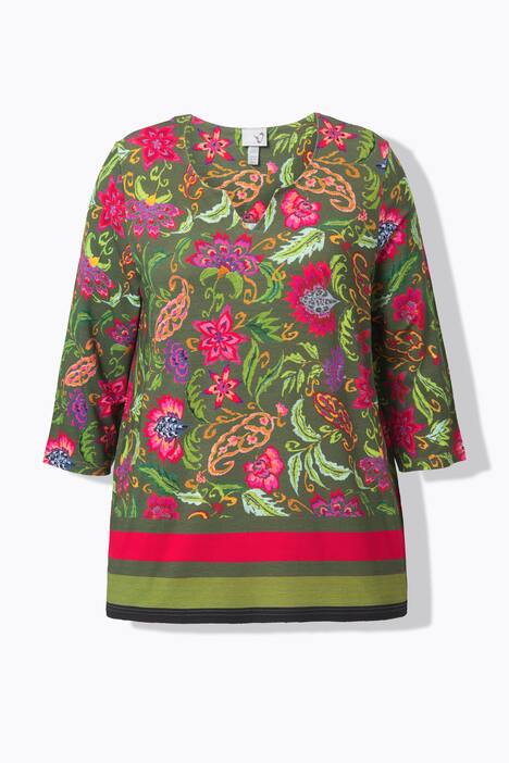 T-shirt col tunisien et manches 3/4, motif champêtre et coupe évasée