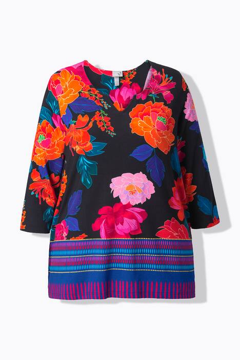 Shirt, landhuisprint, A-lijn, tuniekhals, 3/4-mouwen
