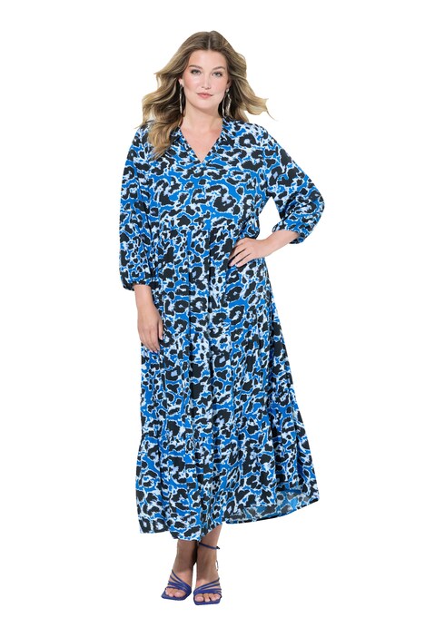 A-Line 3/4-Sleeve V-Neck Leopard Pattern Maxi Dress