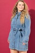 Denimkjole, lige form, skjortekrave, bindebånd, langærmet