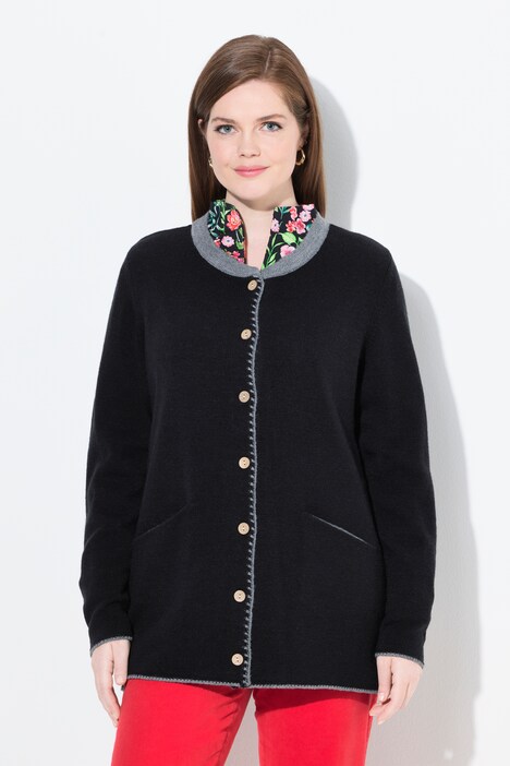 Long-Strickjacke, Hirsch-Stickerei, A-Linie, Stehkragen