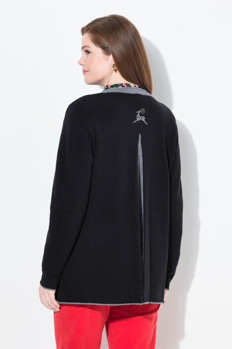 Long-Strickjacke, Hirsch-Stickerei, A-Linie, Stehkragen