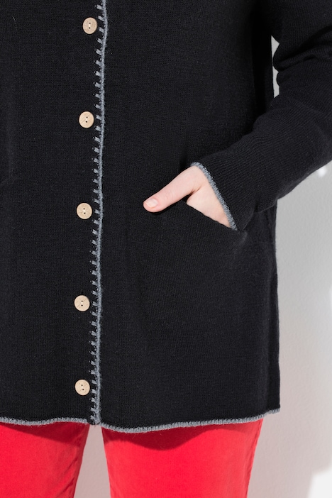 Long-Strickjacke, Hirsch-Stickerei, A-Linie, Stehkragen