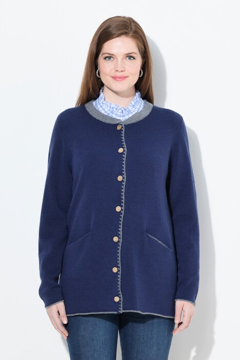 Long-Strickjacke, Hirsch-Stickerei, A-Linie, Stehkragen