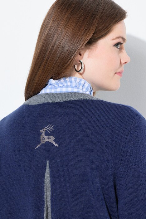 Long-Strickjacke, Hirsch-Stickerei, A-Linie, Stehkragen