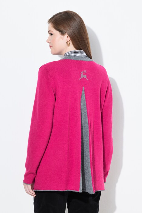 Long-Strickjacke, Hirsch-Stickerei, A-Linie, Stehkragen