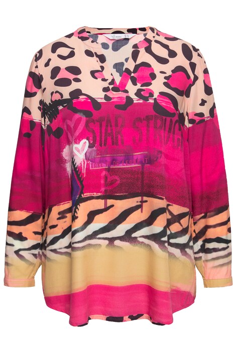 Long-Sleeve Patterned Stripe Tunic Neckline Blouse