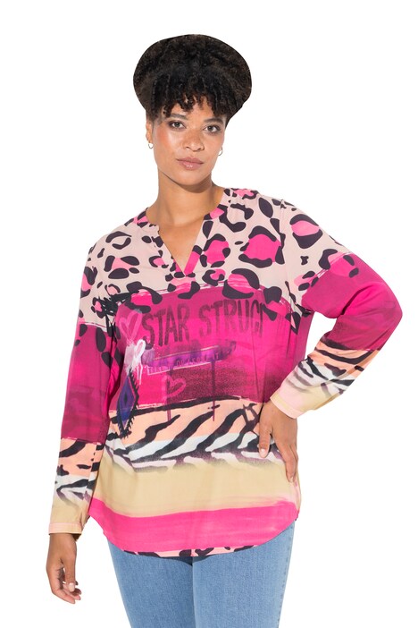 Long-Sleeve Patterned Stripe Tunic Neckline Blouse