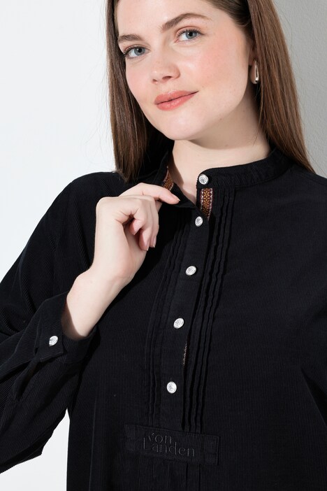 Corduroy jurk, opstaande kraag, plooien, decoratieve plooien, lange mouwen