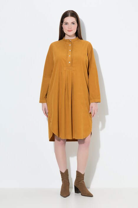 Corduroy jurk, opstaande kraag, plooien, decoratieve plooien, lange mouwen