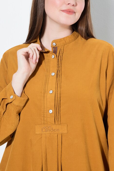 Corduroy jurk, opstaande kraag, plooien, decoratieve plooien, lange mouwen