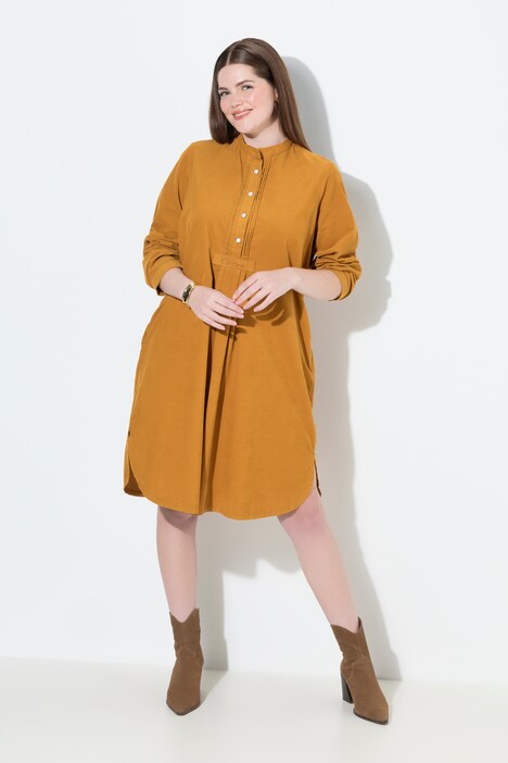 Corduroy jurk, opstaande kraag, plooien, decoratieve plooien, lange mouwen