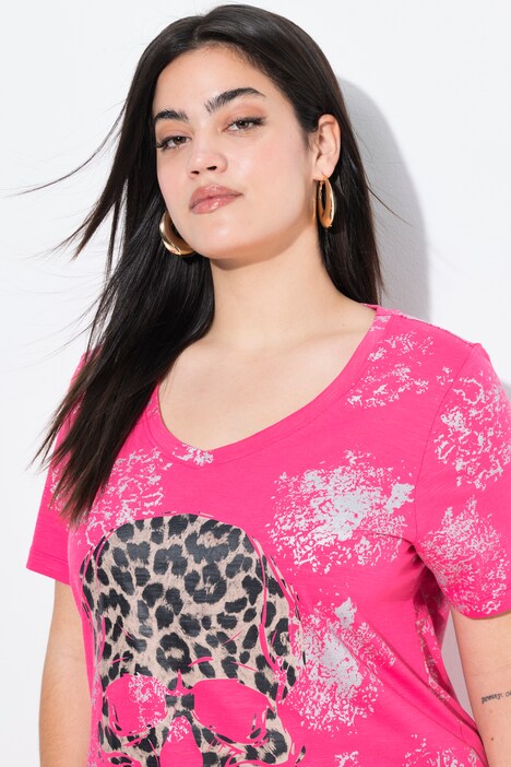 T-shirt, luipaard-doodskop, V-hals, halve mouwen