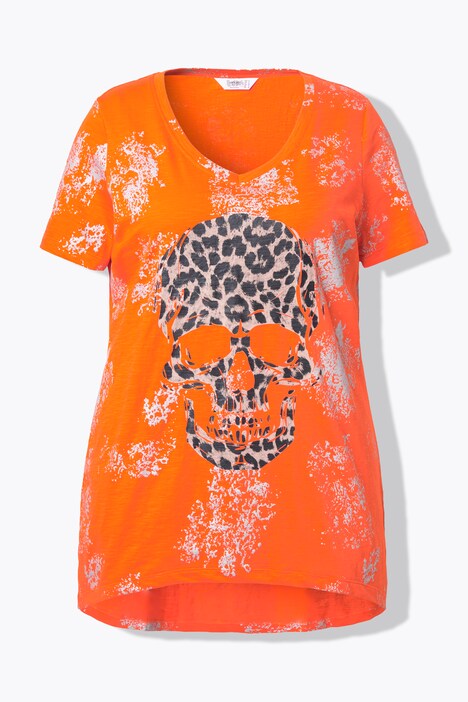 T-shirt tête de mort motif léopard, décolleté en V et manches courtes