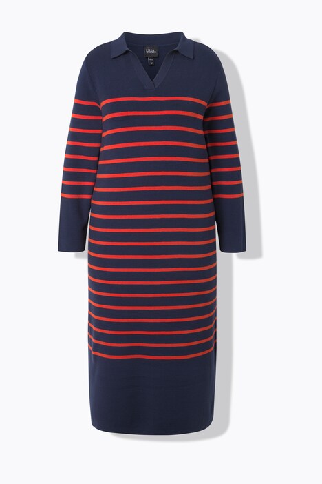 Robe midi en maille, col et encolure en V, manches longues et rayures