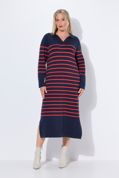 Robe midi en maille, col et encolure en V, manches longues et rayures