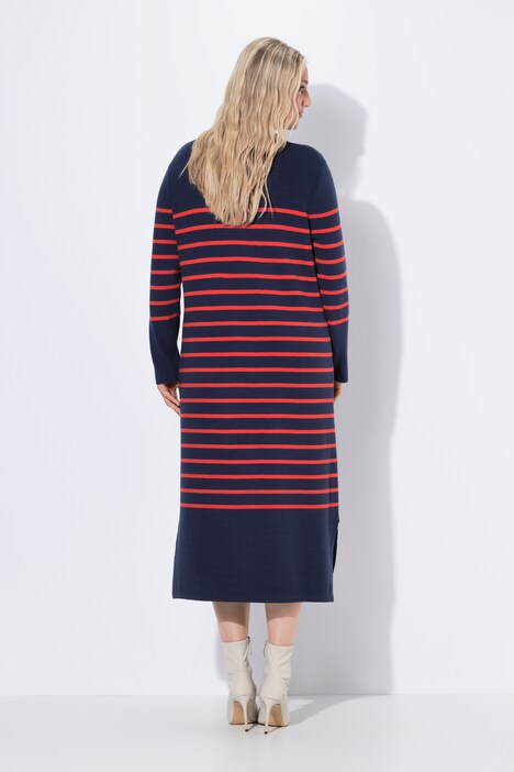 Robe midi en maille, col et encolure en V, manches longues et rayures