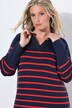 Gebreide midi-jurk, strepen, kraag, V-hals, lange mouwen