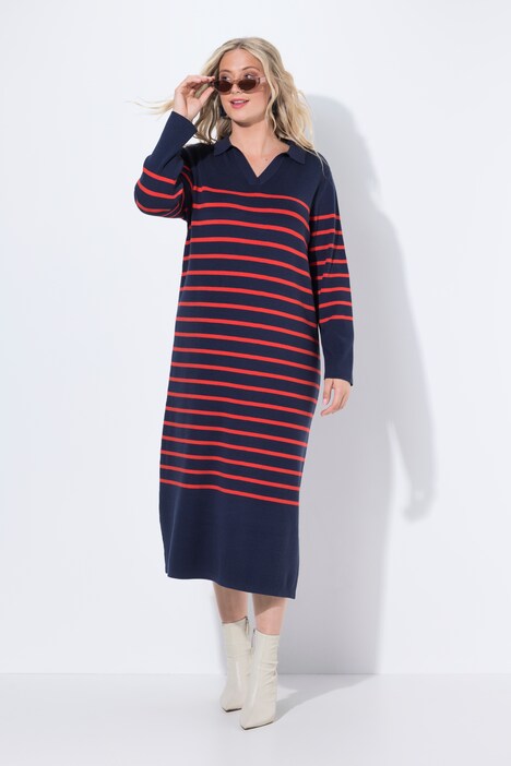 Robe midi en maille, col et encolure en V, manches longues et rayures