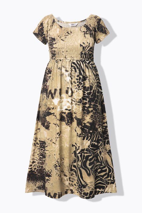 Robe maxi en jersey, mélange d'imprimés léopard, corsage smocké et coupe évasée