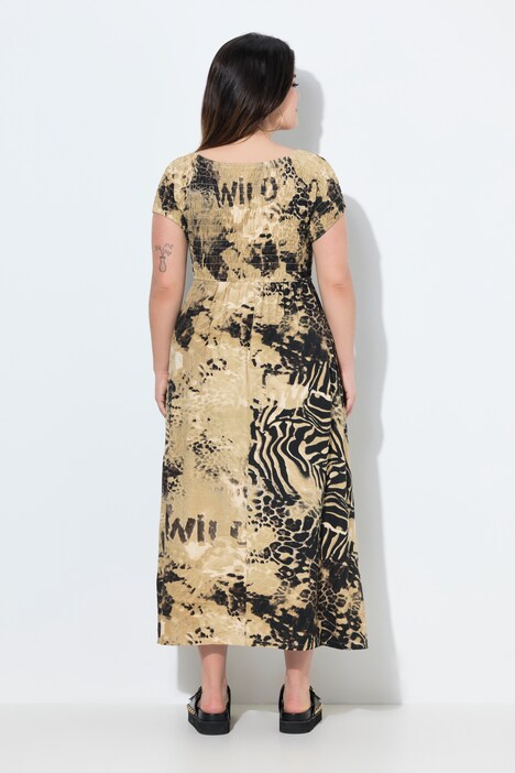 Robe maxi en jersey, mélange d'imprimés léopard, corsage smocké et coupe évasée