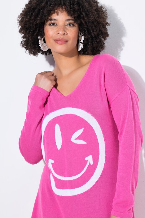 Pull oversize avec motif Smiley, col V et manches longues