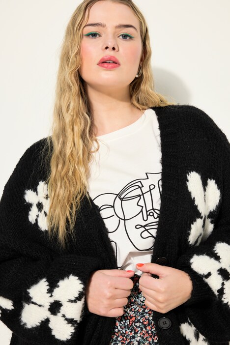 Cardigan, oversized shape, bloemen, lange mouwen