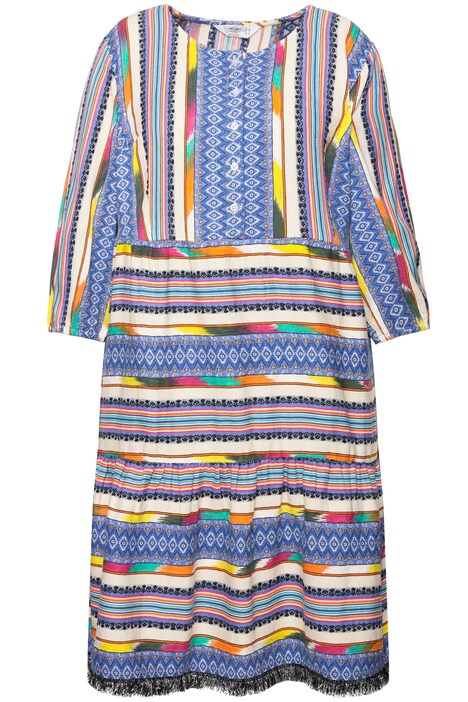 Buttoned A-Line 3/4-Sleeve Patterned Stripe Dress