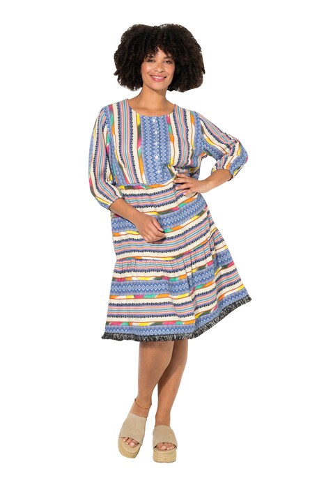 Buttoned A-Line 3/4-Sleeve Patterned Stripe Dress