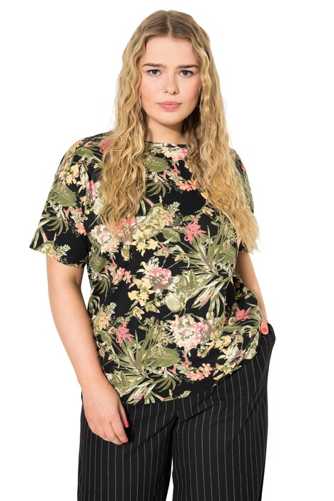 Oversize tričko, tropický potisk, kulatý výstřih, krátké rukávy
