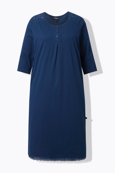 Chemise de nuit à col rond et manches 3/4, broderie ajourée et pli décoratif