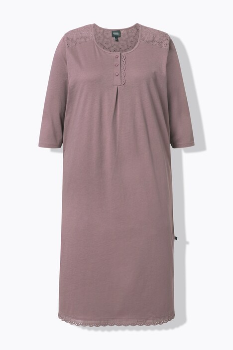 Chemise de nuit à col rond et manches 3/4, broderie ajourée et pli décoratif