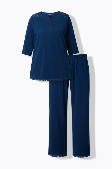 Pyjama à col rond et manches 3/4, broderie ajourée et pli décoratif