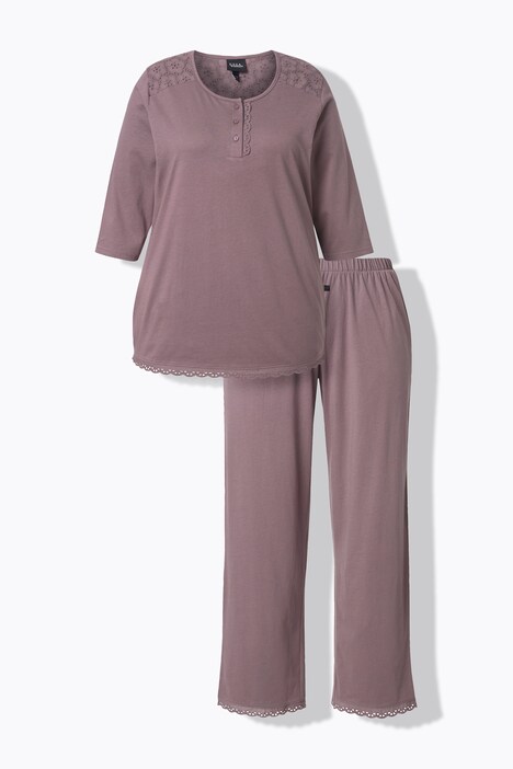 Pyjama à col rond et manches 3/4, broderie ajourée et pli décoratif
