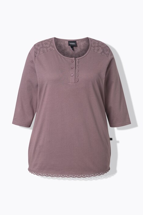 Pyjama à col rond et manches 3/4, broderie ajourée et pli décoratif